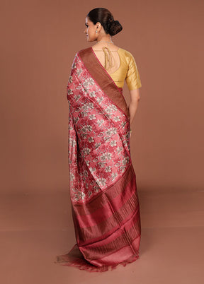 Pink Handloom Tussar Pure Silk Saree With Blouse Piece