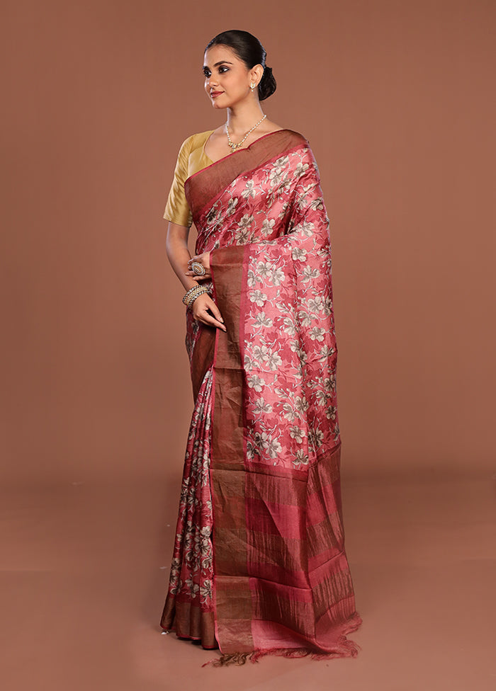 Pink Handloom Tussar Pure Silk Saree With Blouse Piece