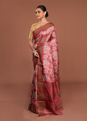 Pink Handloom Tussar Pure Silk Saree With Blouse Piece