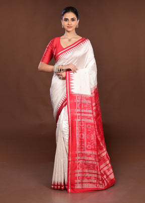 White Handloom Bomkai Pure Silk Saree With Blouse Piece