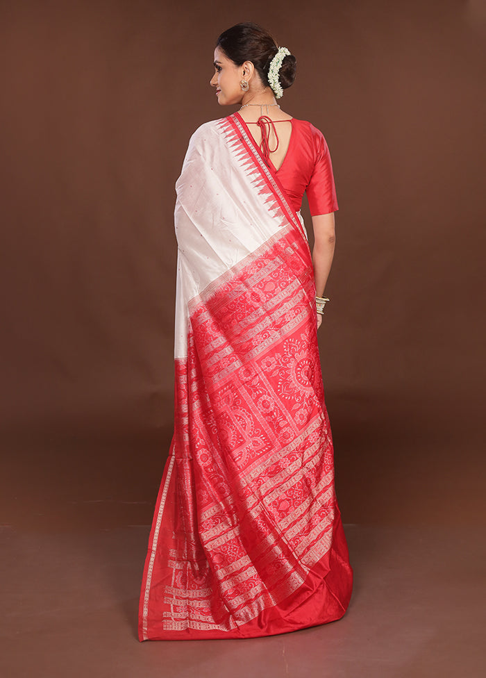 White Handloom Bomkai Pure Silk Saree With Blouse Piece