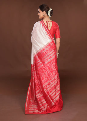 White Handloom Bomkai Pure Silk Saree With Blouse Piece