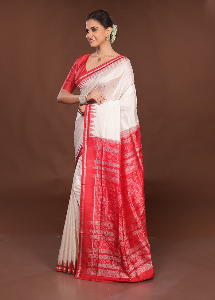 White Handloom Bomkai Pure Silk Saree With Blouse Piece