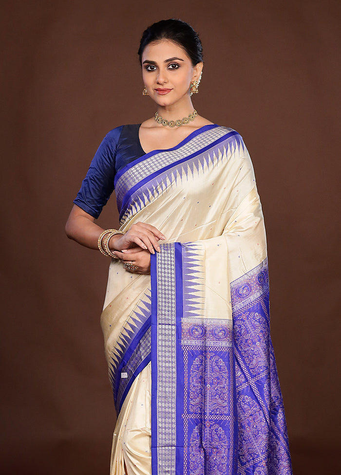 Cream Handloom Bomkai Pure Silk Saree With Blouse Piece