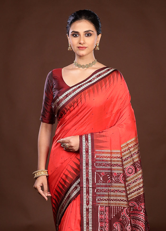 Red Handloom Bomkai Pure Silk Saree With Blouse Piece