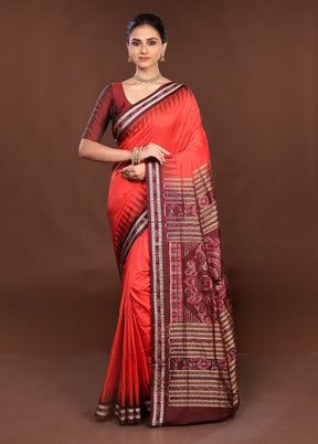 Red Handloom Bomkai Pure Silk Saree With Blouse Piece