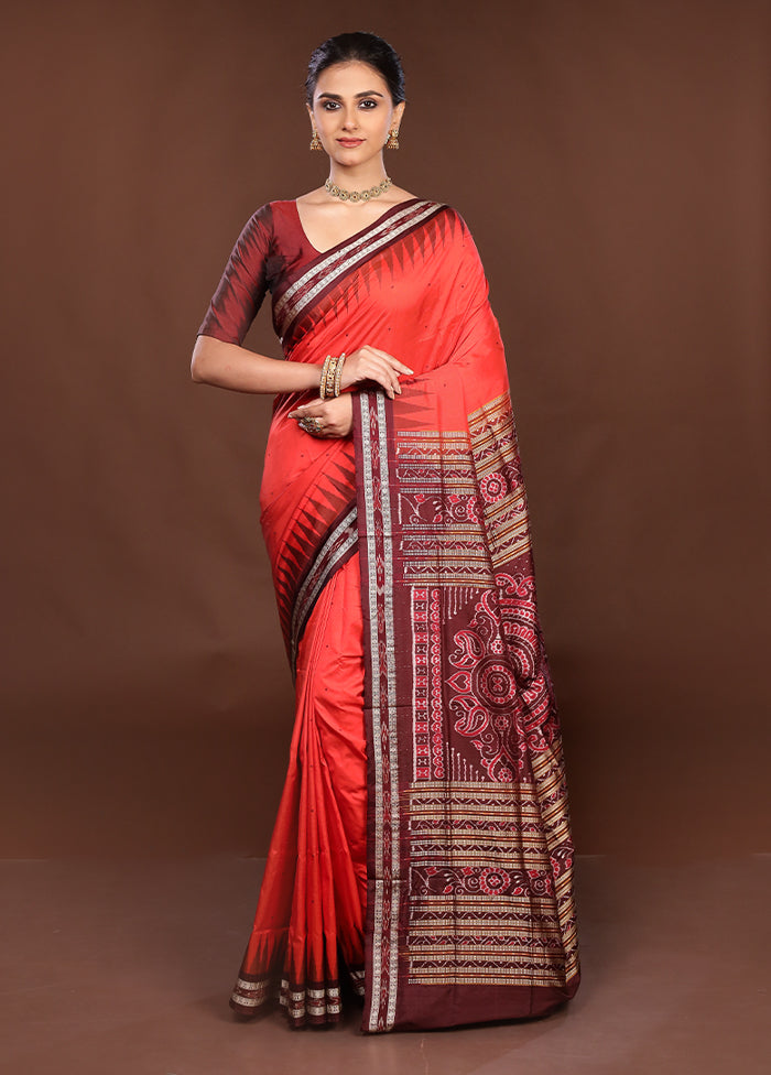 Red Handloom Bomkai Pure Silk Saree With Blouse Piece