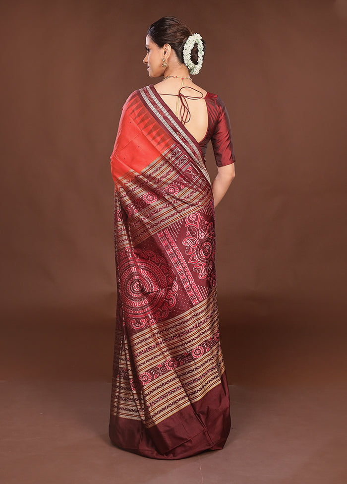 Red Handloom Bomkai Pure Silk Saree With Blouse Piece