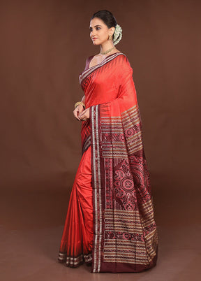 Red Handloom Bomkai Pure Silk Saree With Blouse Piece