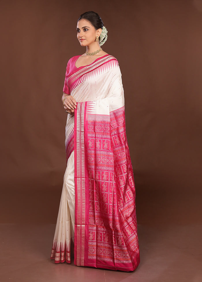 White Handloom Bomkai Pure Silk Saree With Blouse Piece