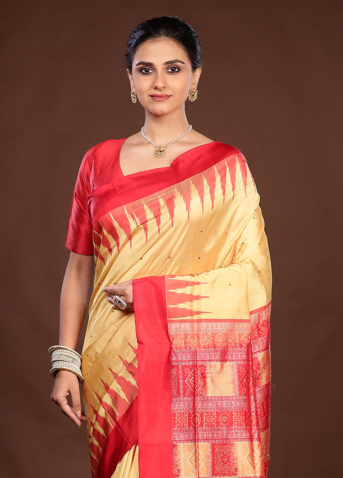 Cream Handloom Bomkai Pure Silk Saree With Blouse Piece