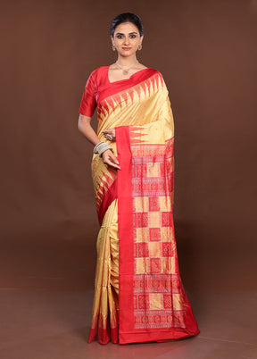 Cream Handloom Bomkai Pure Silk Saree With Blouse Piece