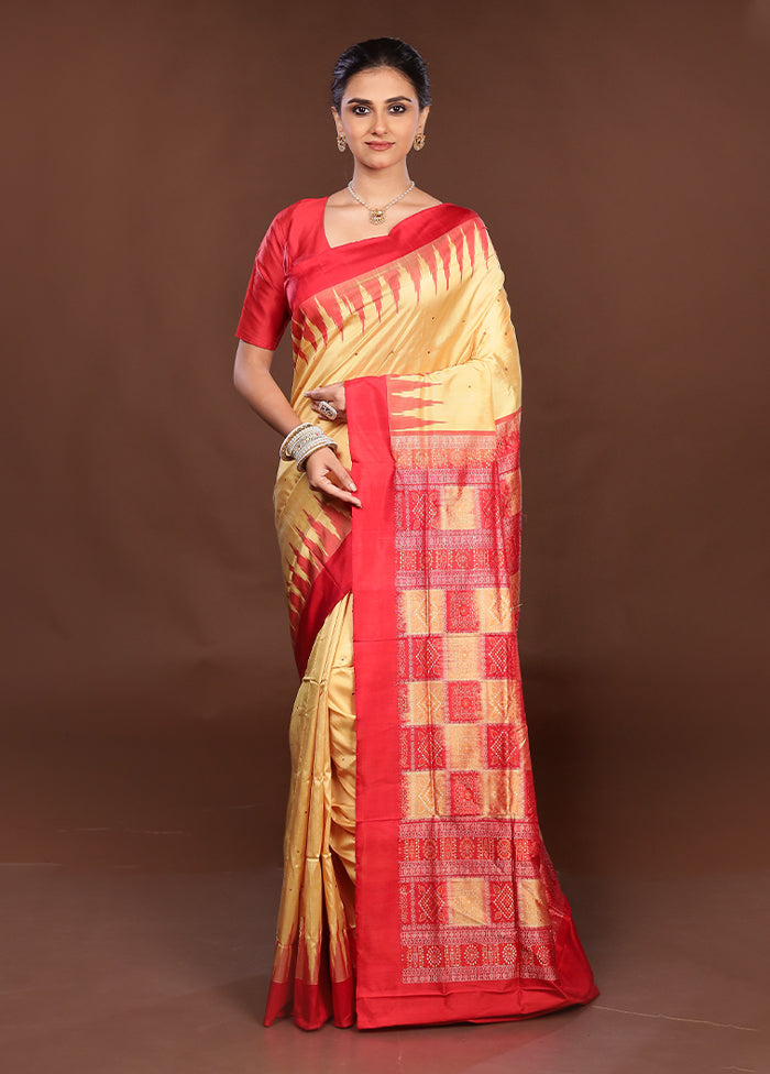 Cream Handloom Bomkai Pure Silk Saree With Blouse Piece