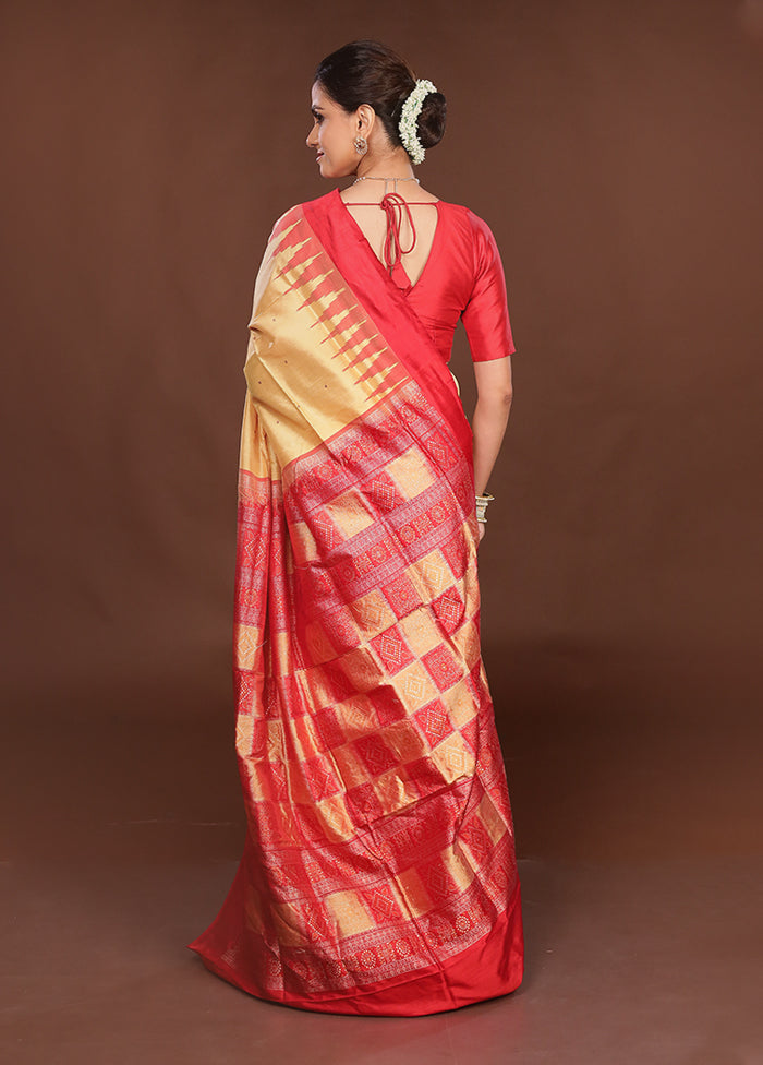 Cream Handloom Bomkai Pure Silk Saree With Blouse Piece
