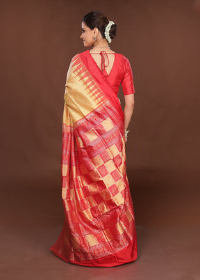 Cream Handloom Bomkai Pure Silk Saree With Blouse Piece
