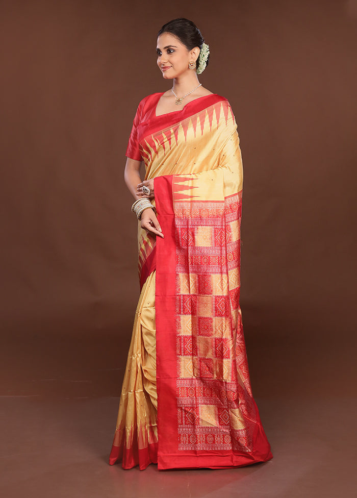 Cream Handloom Bomkai Pure Silk Saree With Blouse Piece