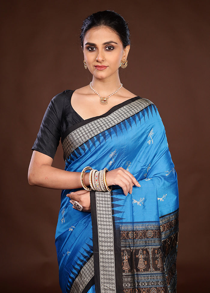 Blue Handloom Bomkai Pure Silk Saree With Blouse Piece