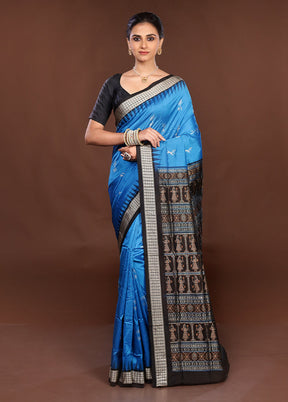 Blue Handloom Bomkai Pure Silk Saree With Blouse Piece