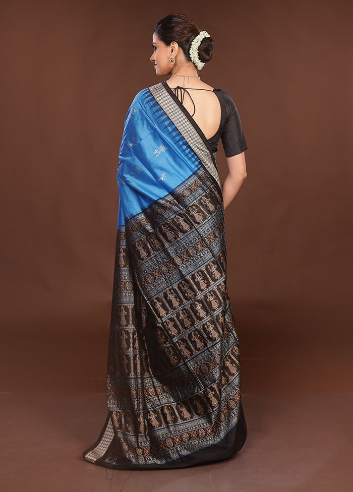 Blue Handloom Bomkai Pure Silk Saree With Blouse Piece