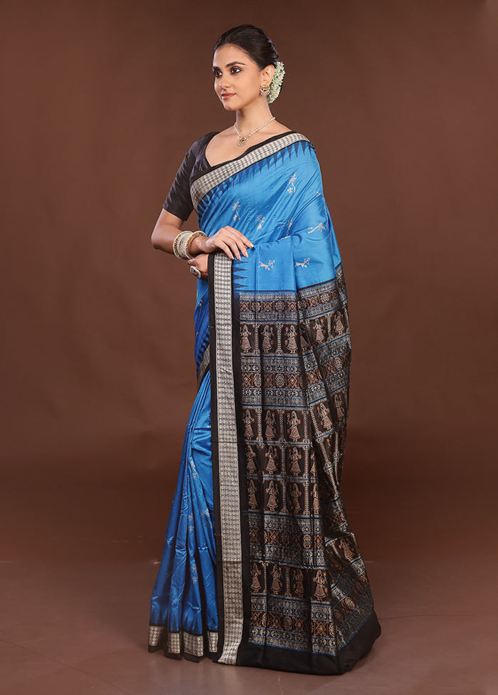 Blue Handloom Bomkai Pure Silk Saree With Blouse Piece