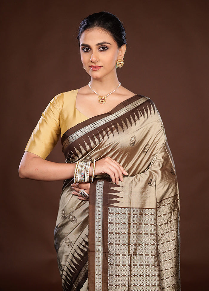 Grey Handloom Bomkai Pure Silk Saree With Blouse Piece