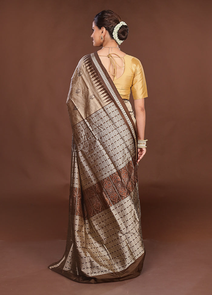 Grey Handloom Bomkai Pure Silk Saree With Blouse Piece