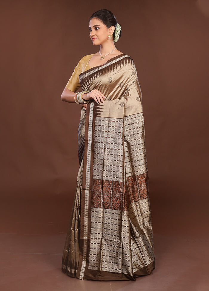 Grey Handloom Bomkai Pure Silk Saree With Blouse Piece