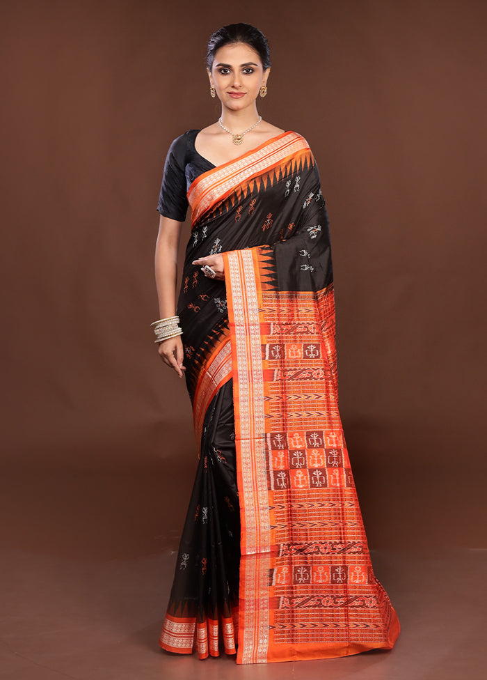Black Handloom Bomkai Pure Silk Saree With Blouse Piece