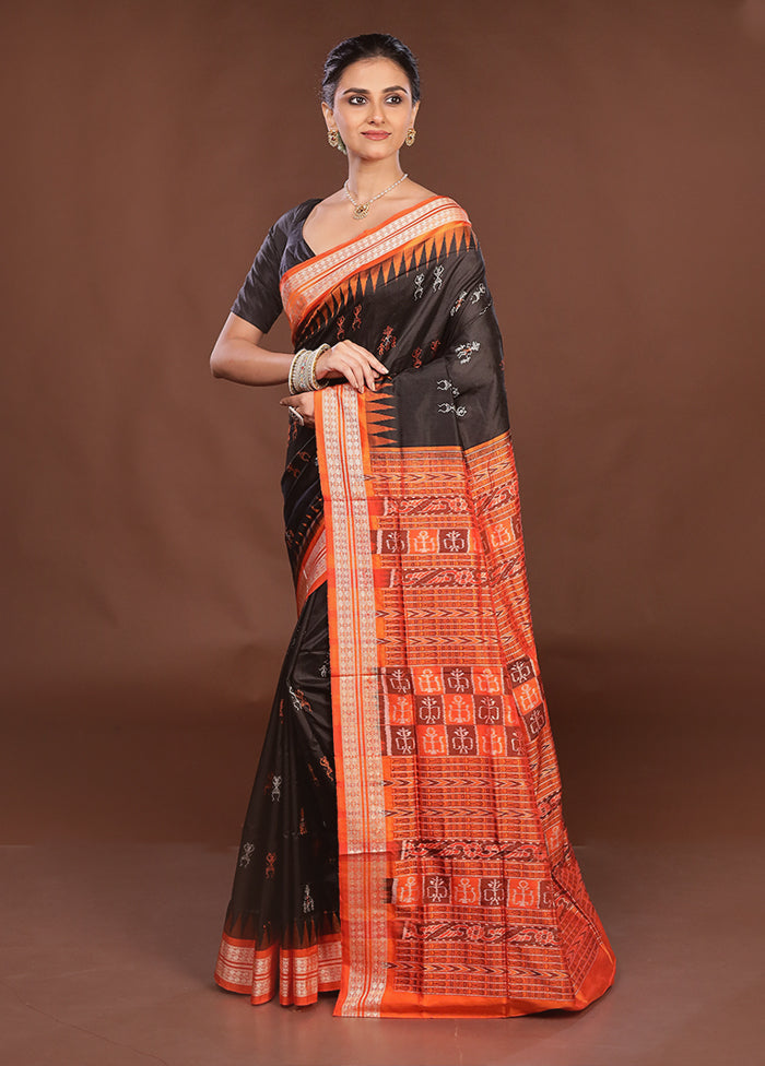 Black Handloom Bomkai Pure Silk Saree With Blouse Piece
