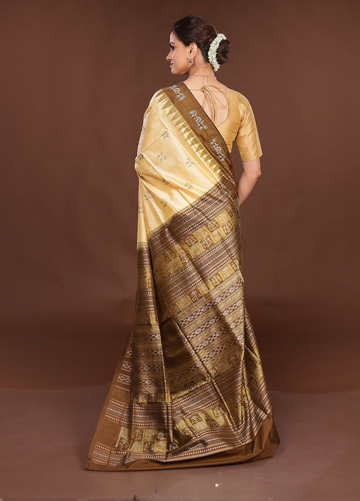 Cream Handloom Bomkai Pure Silk Saree With Blouse Piece