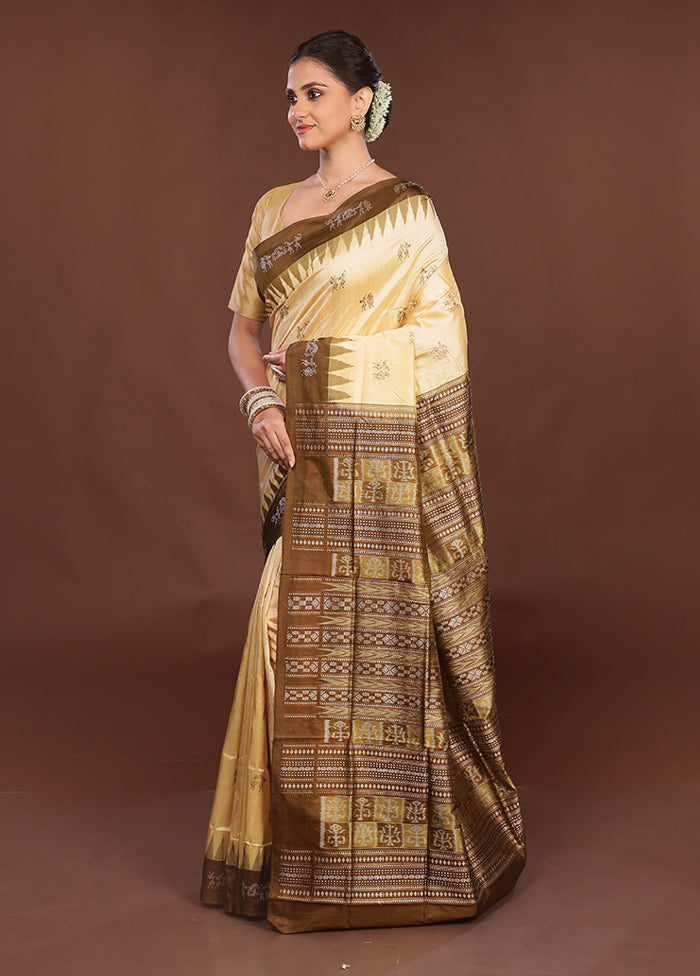 Cream Handloom Bomkai Pure Silk Saree With Blouse Piece