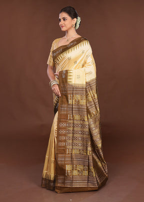 Cream Handloom Bomkai Pure Silk Saree With Blouse Piece
