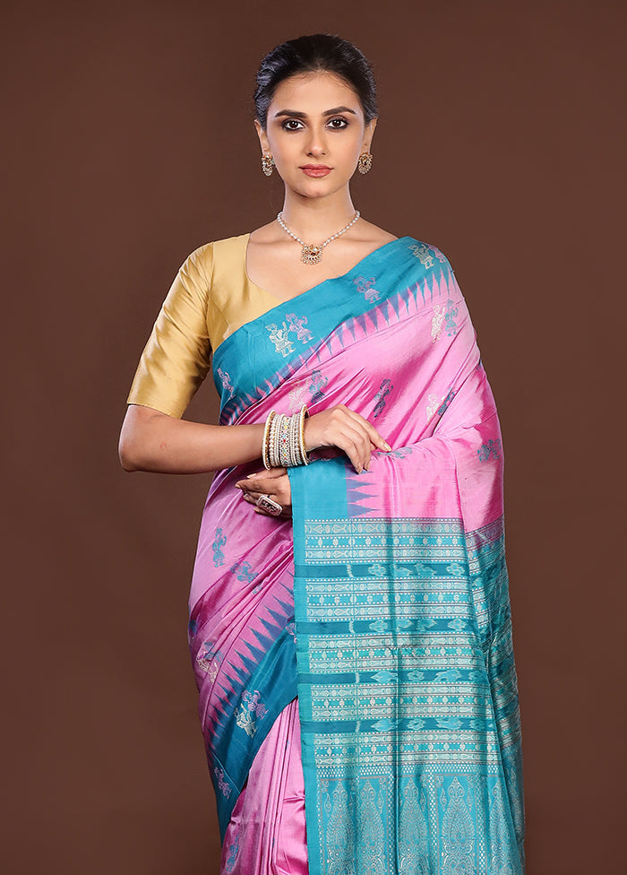 Pink Handloom Bomkai Pure Silk Saree With Blouse Piece