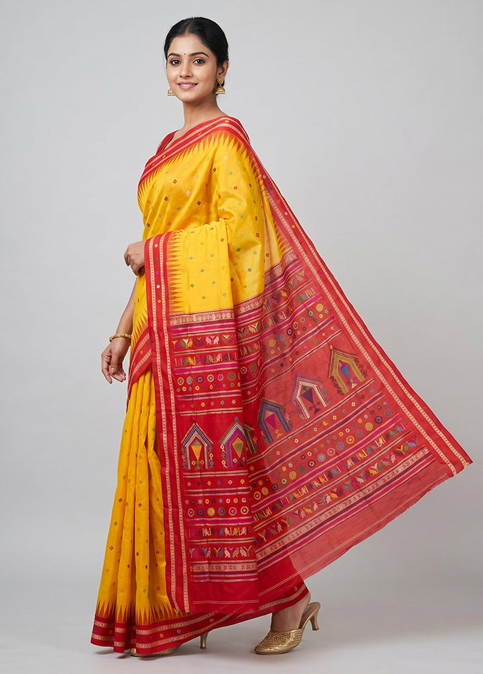 Yellow Handloom Bomkai Pure Silk Saree With Blouse Piece