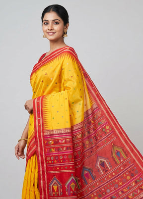 Yellow Handloom Bomkai Pure Silk Saree With Blouse Piece