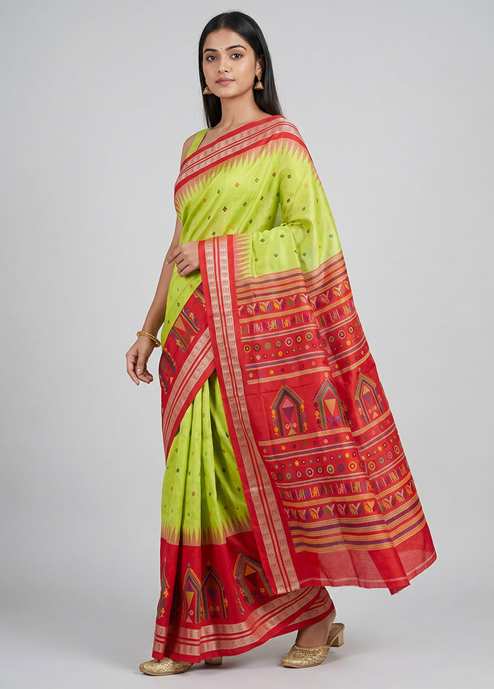 Green Handloom Bomkai Pure Silk Saree With Blouse Piece