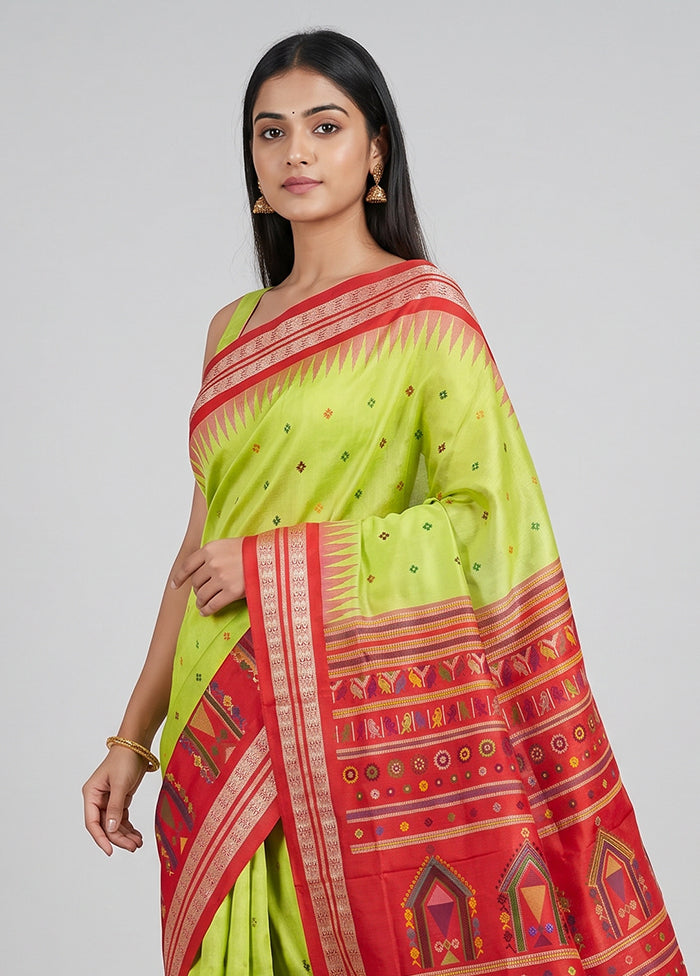 Green Handloom Bomkai Pure Silk Saree With Blouse Piece