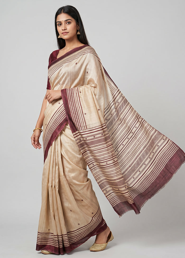 Cream Handloom Tussar Pure Silk Saree With Blouse Piece