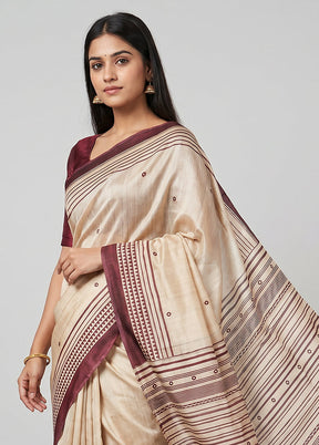 Cream Handloom Tussar Pure Silk Saree With Blouse Piece