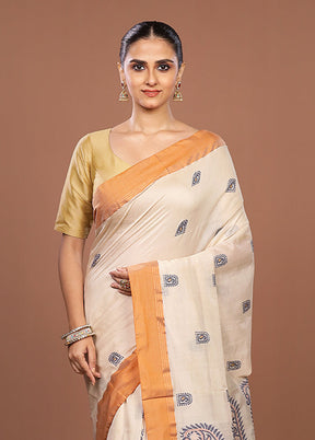 Cream Handloom Matka Pure Silk Saree With Blouse Piece