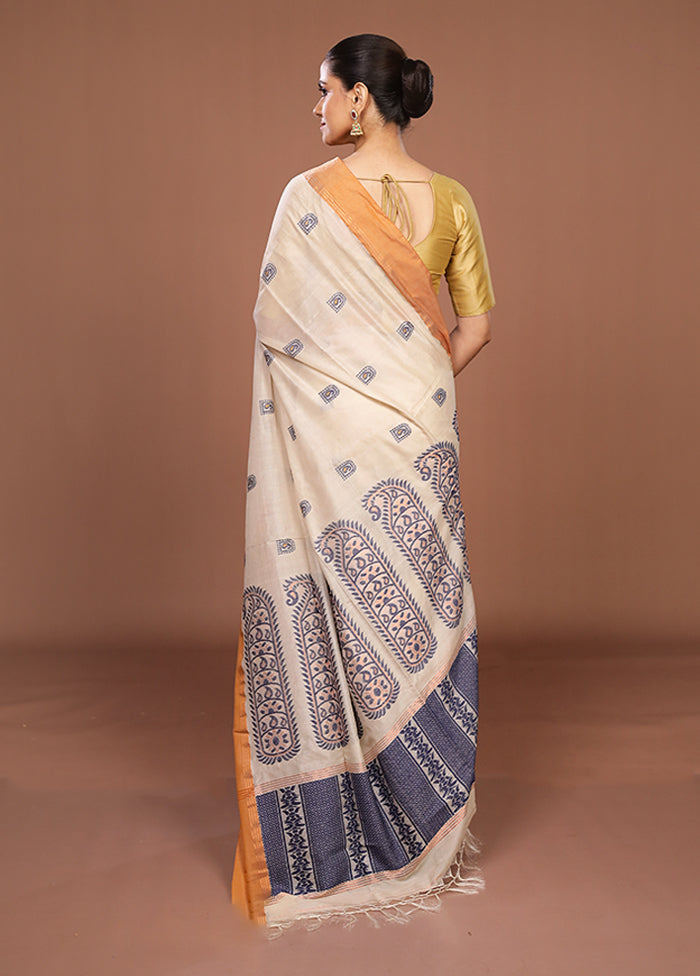 Cream Handloom Matka Pure Silk Saree With Blouse Piece