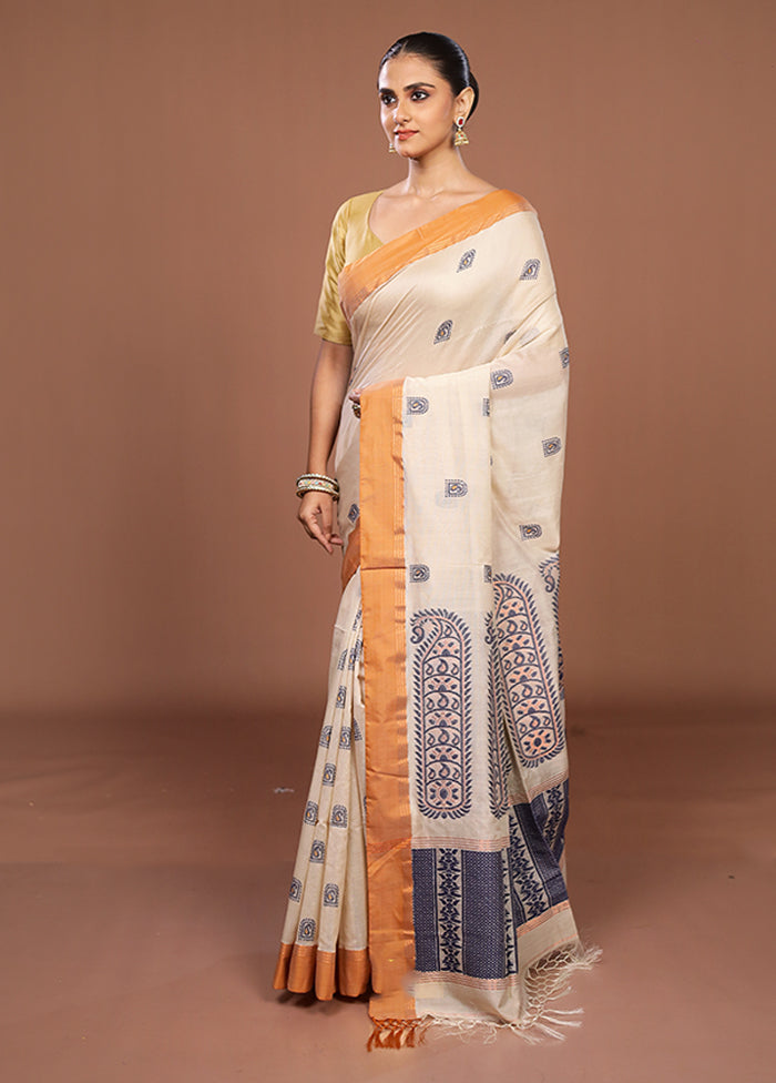 Cream Handloom Matka Pure Silk Saree With Blouse Piece