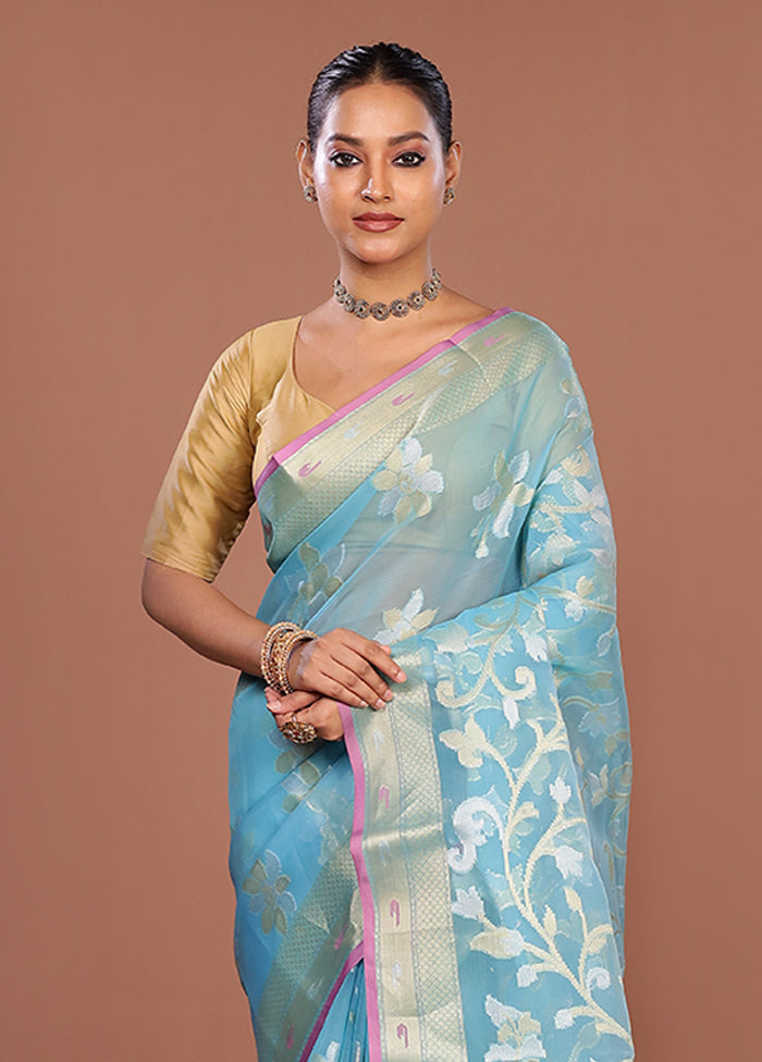 Blue Organza Saree With Blouse Piece