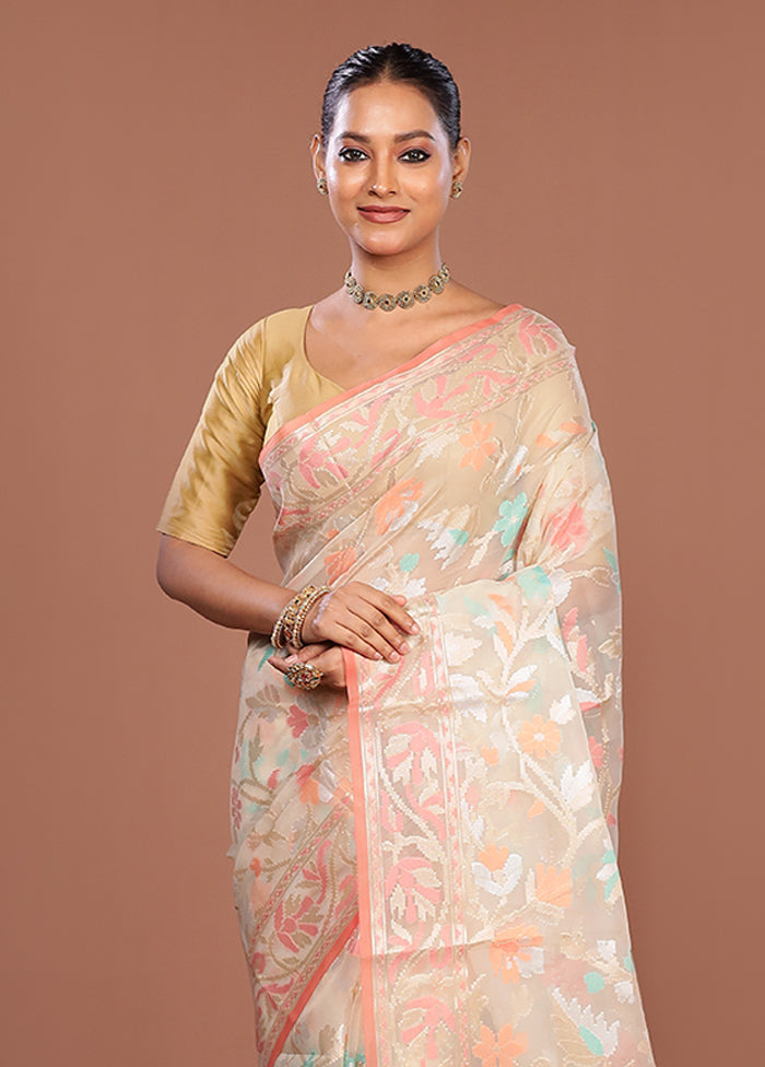 Cream Organza Saree With Blouse Piece