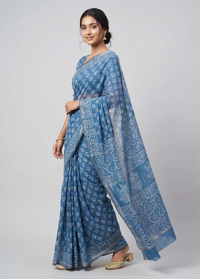 Blue Chanderi Silk Saree With Blouse Piece
