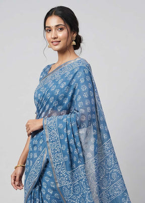 Blue Chanderi Silk Saree With Blouse Piece