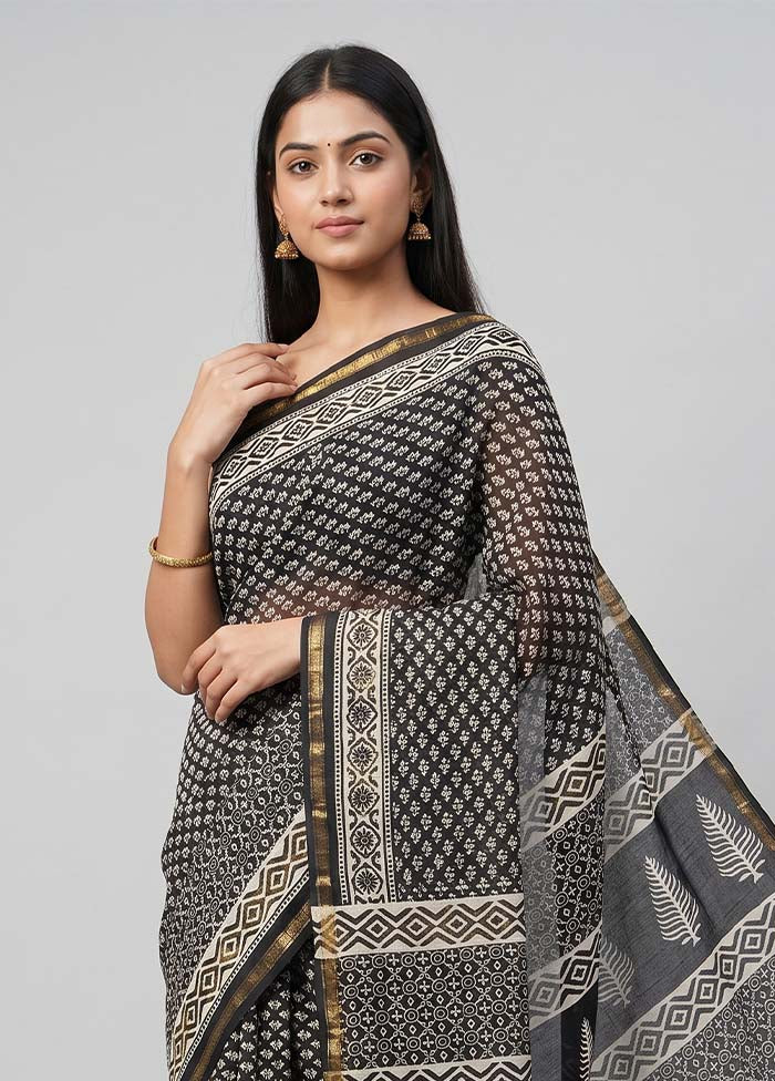 Black Chanderi Silk Saree With Blouse Piece