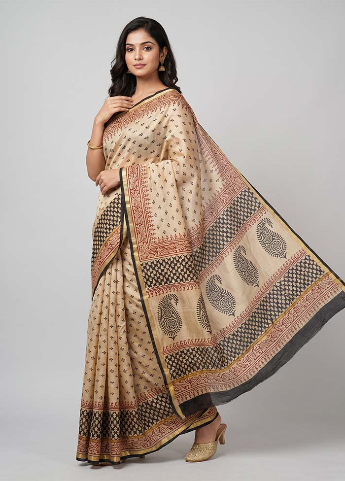 Cream Chanderi Silk Saree With Blouse Piece