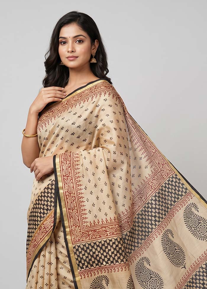 Cream Chanderi Silk Saree With Blouse Piece