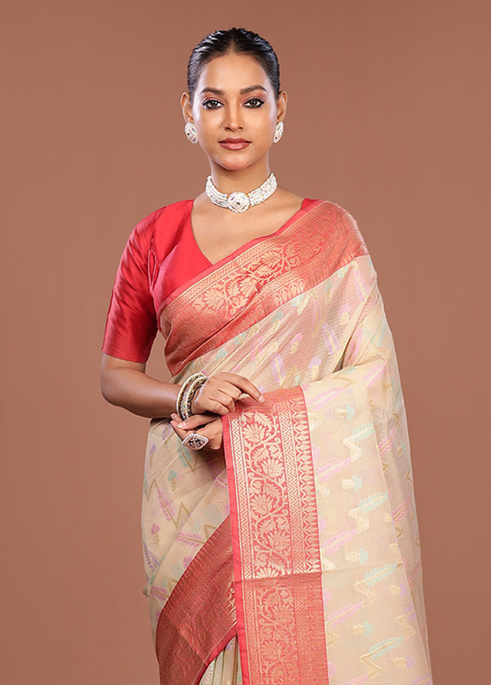 Cream Cotton Saree With Blouse Piece